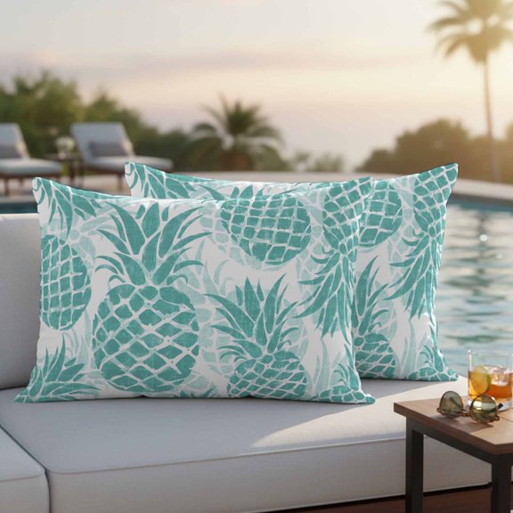 Teal Green Pineapple Outdoor Waterproof Throw Pillow Covers Set of 2, 20"x12", Summer Country Vintage Tropical Botanical Fruits Decorative Pillow Covers Outside Cushion Case for Patio Porch Garden