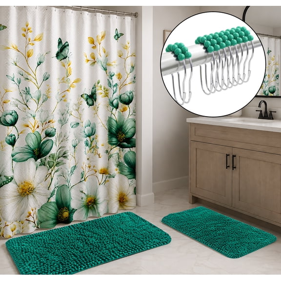 Teal Green Plush Thick Chenille Bath Mat with Floral Shower Curtain & Hooks - 15 Piece Set