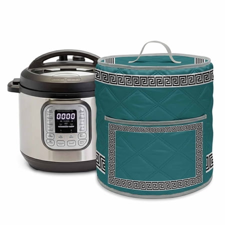 Teal Green Pressure Cooker Cover Greek Chinese Style Border Geometric Dust Cover for Kitchen Appliances with Top Handle & Storage Pockets, Fits 6 Quart Instant Pot, Air Fryer, Crock Pot
