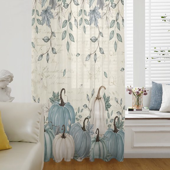 Teal Green Pumpkins Fall Sheer Curtains 63 Inch Length, Light Filtering Voile Curtain Panel, Autumn Weeping Leaves Thanksgiving Rod Pocket Drapes Window Treatments for Living Room Bedroom 52"x63"