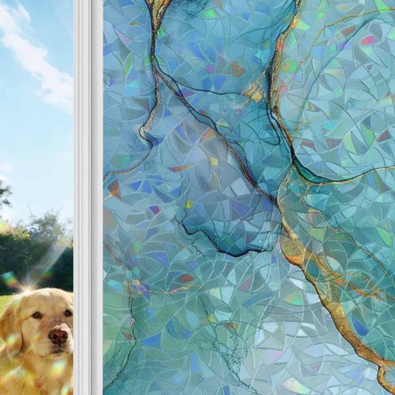 Teal Green Rainbow Window Privacy Film, Blue Marble Abstract Cracks Texture Modern Art Stained Glass Window Film, Sun Blocking Glass Clings Static Cling Non Adhesive Door Stickers 17.7 x 39.3 Inches