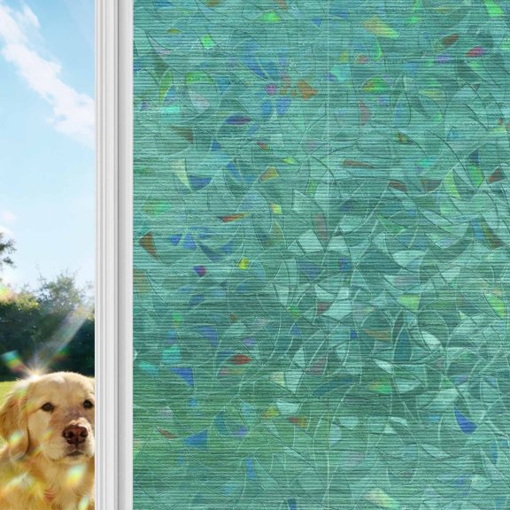 Teal Green Rainbow Window Privacy Film, Boho Green Solid Color Linen Weave Texture Rustic Stained Glass Window Film, Sun Blocking Glass Clings Non Adhesive Door Stickers 17.7 x 39.3 Inches