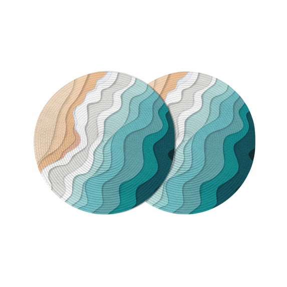 Teal Green Round 13 Inch Placemats Set of 2, Geometric Brown White Beach Waves Gradient HeatResistant Non Slip Place Mats for Dining Table, Wipeable Braided Kitchen Table Mats for Housewarming
