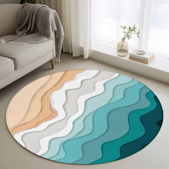 Teal Green Round Area Rug 3.3 FT, Non Slip Small Entryway Kitchen Mat, Geometric Brown White Beach Waves Gradient Washable Soft Circular Rug Non-Shedding Door Mat for Bathroom Playroom Kids Room