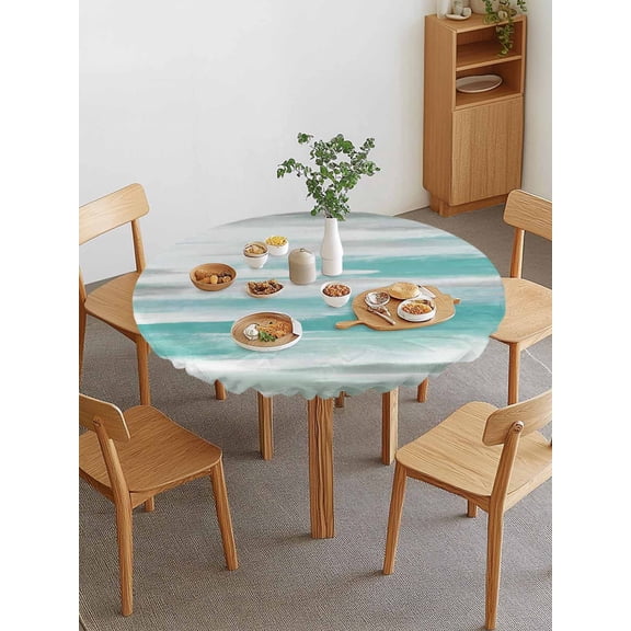 Teal Green Round Fitted Tablecloth with Elastic Edge, Abstract Retro Ombre Mottled Texture Farmhouse Waterproof Stretch Table Covers for 36"-44" Tables Wipeable Table Cloth for Outdoor