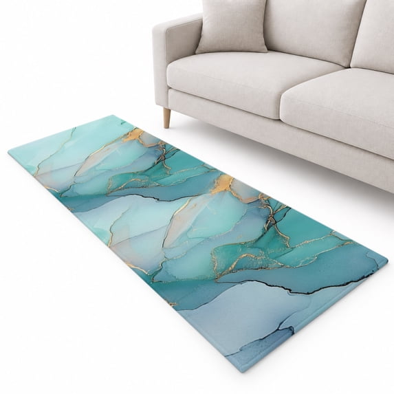 Teal Green Runner Rug 2.6'x8', Gold Marble Abstract Cracks Crystal ...