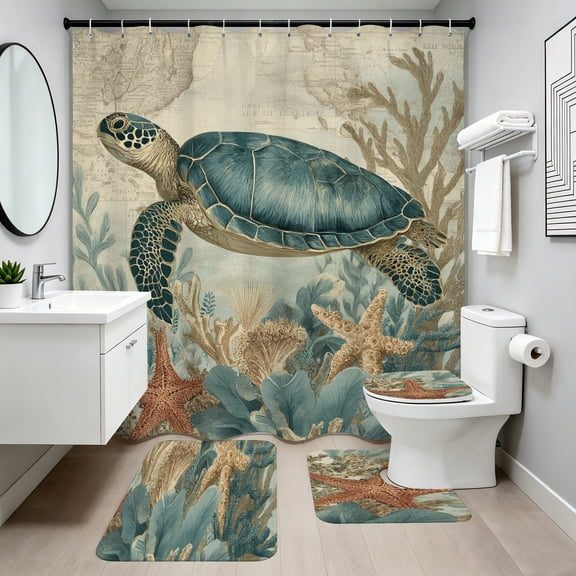 Teal Green Sea Turtle Coral Shower Curtain with Rugs, Vintage Coastal Ocean Starfish 4-Piece Bathroom Set 72x72 Inch Waterproof Bath Curtain Set Ocean Animal Bath Decor