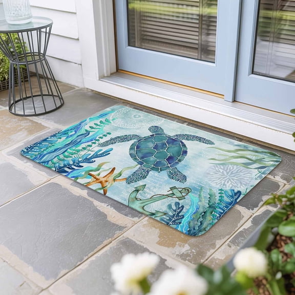 Teal Green Sea Turtle Door Mat Indoor Outdoor, Coastal Summer Beach Seaweed Non Slip Welcome Mat with Rubber Backing, Absorbent Fabric Front Door Mats Entryway Rug for Home Patio Entrance 24"x36"