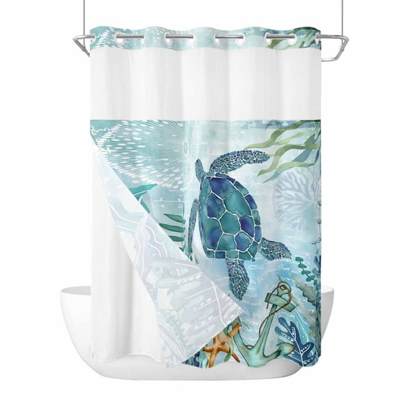 Teal Green Sea Turtle No Hook Shower Curtain Waterproof, Bathroom Curtains with Snap in Liners and See Through Top Window, Coastal Summer Beach Seaweed Hotel Style Bathtub Curtains Shower 72"Wx84"L