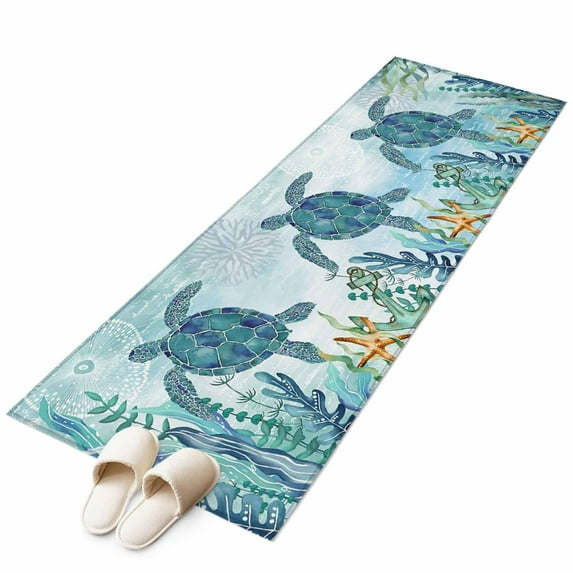 Teal Green Sea Turtle Large Area Rugs for Bedroom Living Room, Soft Non Slip Carpet Bedside Rug, Coastal Summer Beach Seaweed Rectangular Floor Cover Kitchen Accent Rug 2'x6' for Dining Room/Office
