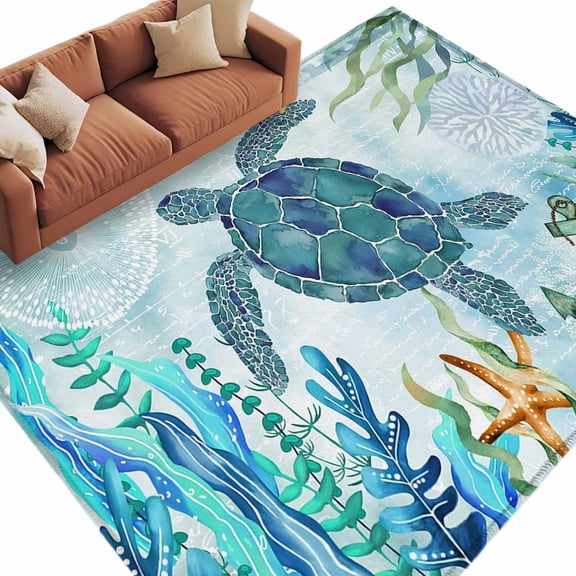 Teal Green Sea Turtle Large Area Rugs for Bedroom Living Room, Soft Non Slip Carpet Bedside Rug, Coastal Summer Beach Seaweed Rectangular Floor Cover Kitchen Accent Rug 5'x8' for Dining Room/Office