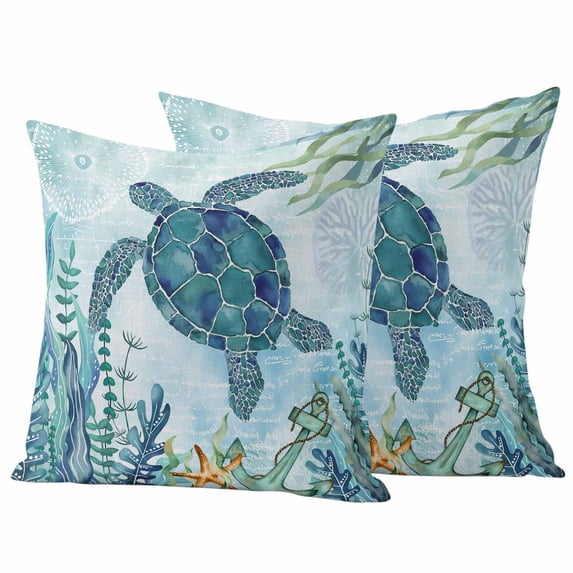 Teal Green Sea Turtle Outdoor Waterproof Pillow Covers, Coastal Summer Beach Seaweed Decorative Square Throw Pillowcase Sofa Cushion Sham for Patio/Couch/Chair, 20"x20" 2 Pack