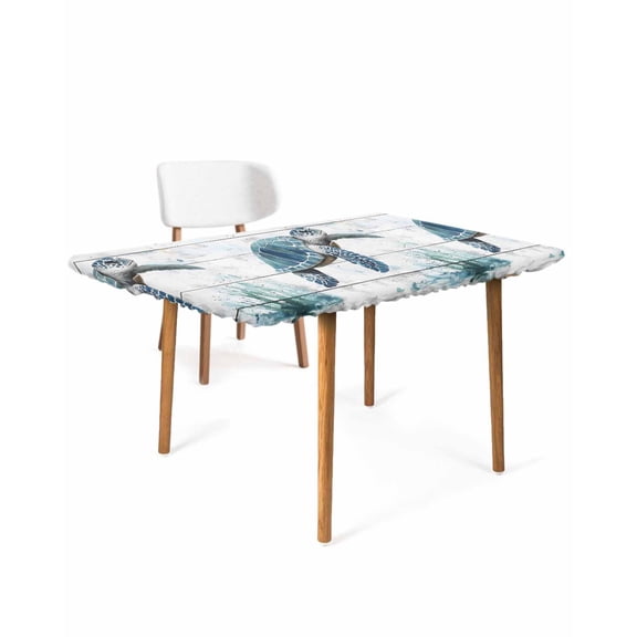 Teal Green Sea Turtle Rectangle Tablecloth, Waterproof Elastic Fitted Table Covers for 5 Foot Tables, 30x60inch Decorative Tablecloths for Picnic, Camping, Outdoor, Summer Ocean Vintage Wood Grain