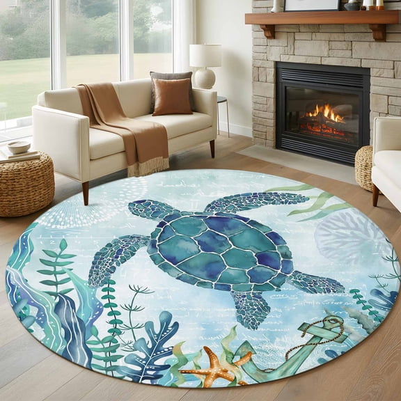 Teal Green Sea Turtle Round Area Rug 6 FT, Non Slip Bedroom Rugs, Coastal Summer Beach Seaweed Washable Soft Circular Carpet Non-Shedding Floor Mat for Kitchen Dining Room Home Office Kids Room
