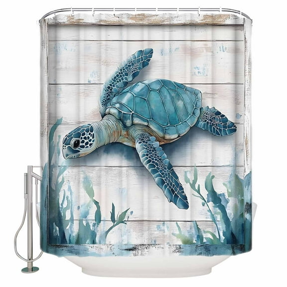 Teal Green Sea Turtle Shower Curtains for Bathroom Waterproof Fabric Bath Curtains Decor Bath Tub Curtain Summer Ocean Seaweed Wood Grain Decorative Shower Curtain Sets with 12 Hooks, 72x72 Inch