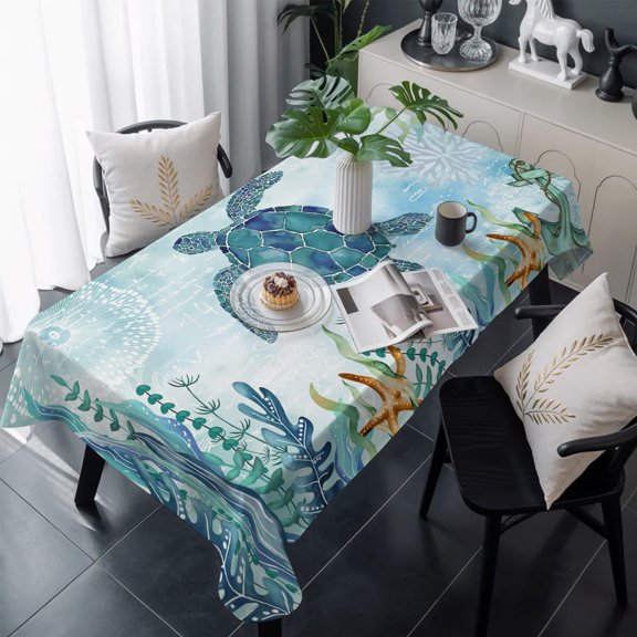 Teal Green Sea Turtle Table Cloth Waterproof Tablecloths, Coastal Summer Beach Seaweed Tablecloth Dining Table Cover for Kitchen Party Tabletop Outdoor, Rectangle Tablecloth 60x120 Inch