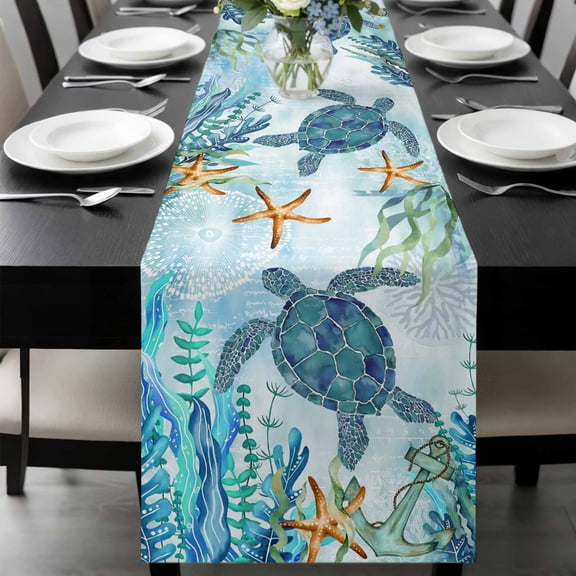 Teal Green Sea Turtle Table Runner 72 Inches Long, Coastal Summer Beach Seaweed Kitchen Coffee Dining Table Decoration for Home Party Birthday Wedding Home Decor 13x72 Inches