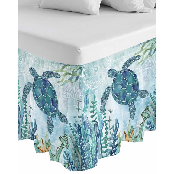 Teal Green Sea Turtle Wrap Around Bed Skirts for Queen Bed 16" Drop,Bed Skirt with Adjustable Elastic Belt Dust Ruffle Bed Valance for Bedroom Hotel Coastal Summer Beach Seaweed Bed Frame Cover