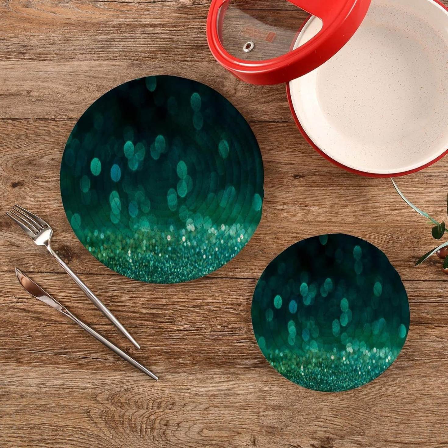 Teal Green Shiny Trivet Round Hot Pads Set of 2, Bling Diamonds Pot