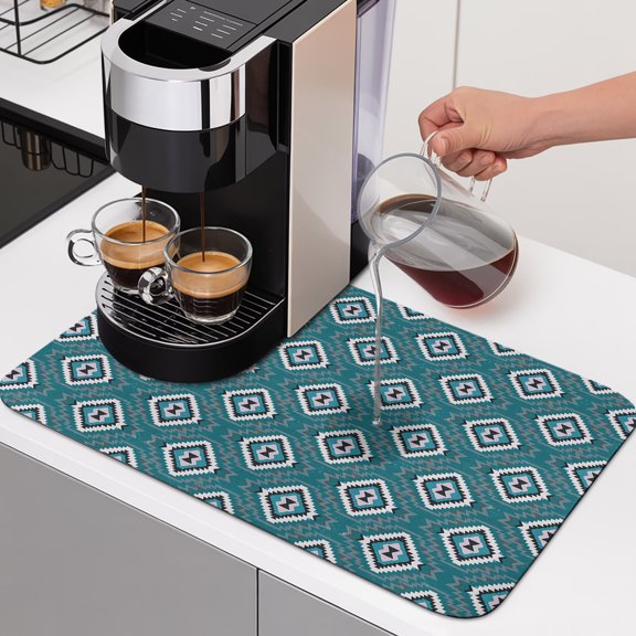 Teal Green Slate Diamonds Dish Drying Mats for Kitchen Counter, Abstract Vintage Minimalist Geometric Grid Absorbent Coffee Bar Mat with Non-slip Rubber Backed Quick Drying Dish Rack Pad 12"x16"