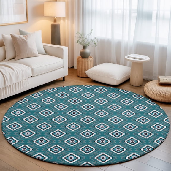 Teal Green Slate Diamonds Small Round Rug 3Ft Abstract Vintage Minimalist Geometric Grid Area Rugs Washable Non Slip Indoor Floor Mats Circle Carpet for Living Room Bedroom Dining Room Home Decor