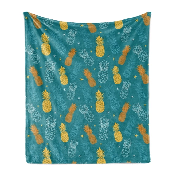 Teal Green Soft Flannel Fleece Blanket, Tropic Fruit Pattern of Exotic Pineapples and Stars Modern Summer, Cozy Plush for Indoor and Outdoor Use, 60" x 80", Teal Apricot Pale Orange, by Ambesonne