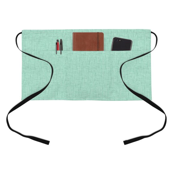 Teal Green Solid Kitchen Restaurant Half Waist Apron, Minimalist Cloth Pale Green Linen Texture Cottagecore Server Short Apron with 3 Pockets Waterproof Oil Waist Aprons for Women Waitress Waiter