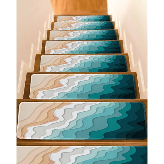 Teal Green Stair Treads for Wooden Steps Indoor Runner Rug Carpet, Geometric Brown White Beach Waves Gradient 4 Pieces Peel and Stick Staircase Step Treads Covers Washable Throw Door Mats, 30"x8"