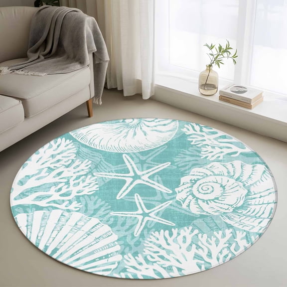 Teal Green Starfish Coastal 3.3' Round Rug for Bedroom Reading Corner, Summer Coral Shell Beach Nautical Washable Non Slip Circle Area Rug