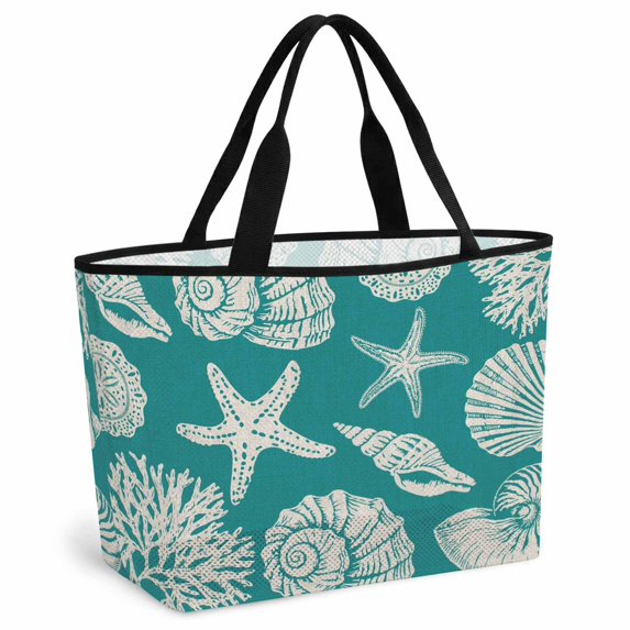 Teal Green Starfish Coastal Beach Bag for Women, Large Breathable Mesh Beach Tote Bag, Shell Summer Beach Nautical Sandproof Lightweight Travel Bags for Vacation Picnic Swimming Pool 15.7"x15.7"x9.1"