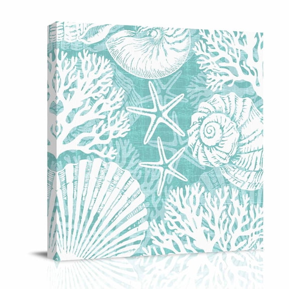 Teal Green Starfish Coastal Canvas Wall Art for Living Room, Summer Coral Shell Beach Nautical Wall Decor Framed Artwork Pictures Ready to Hang for Bedroom Office Home Decor