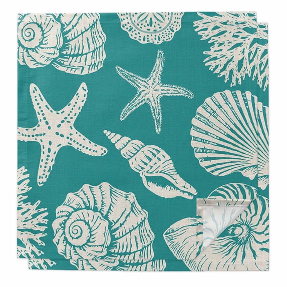 Teal Green Starfish Coastal Cloth Napkins, Shell Summer Beach Nautical Washable and Reusable Dinner Napkins Set of 2, Table Napkin for Kitchen Party Birthday Wedding Hotel Housewarming 20"x20"