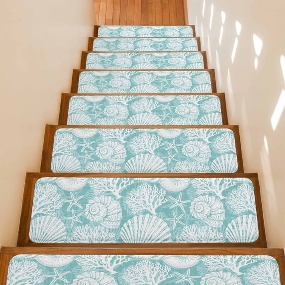 Teal Green Starfish Coastal Stair Treads Non Slip for Steps Summer Coral Shell Beach Nautical 4 Pcs Reusable Adhesive Stair Runner Mats for Dogs Elders Carpet Treads Rugs for Staircase 8x30 In