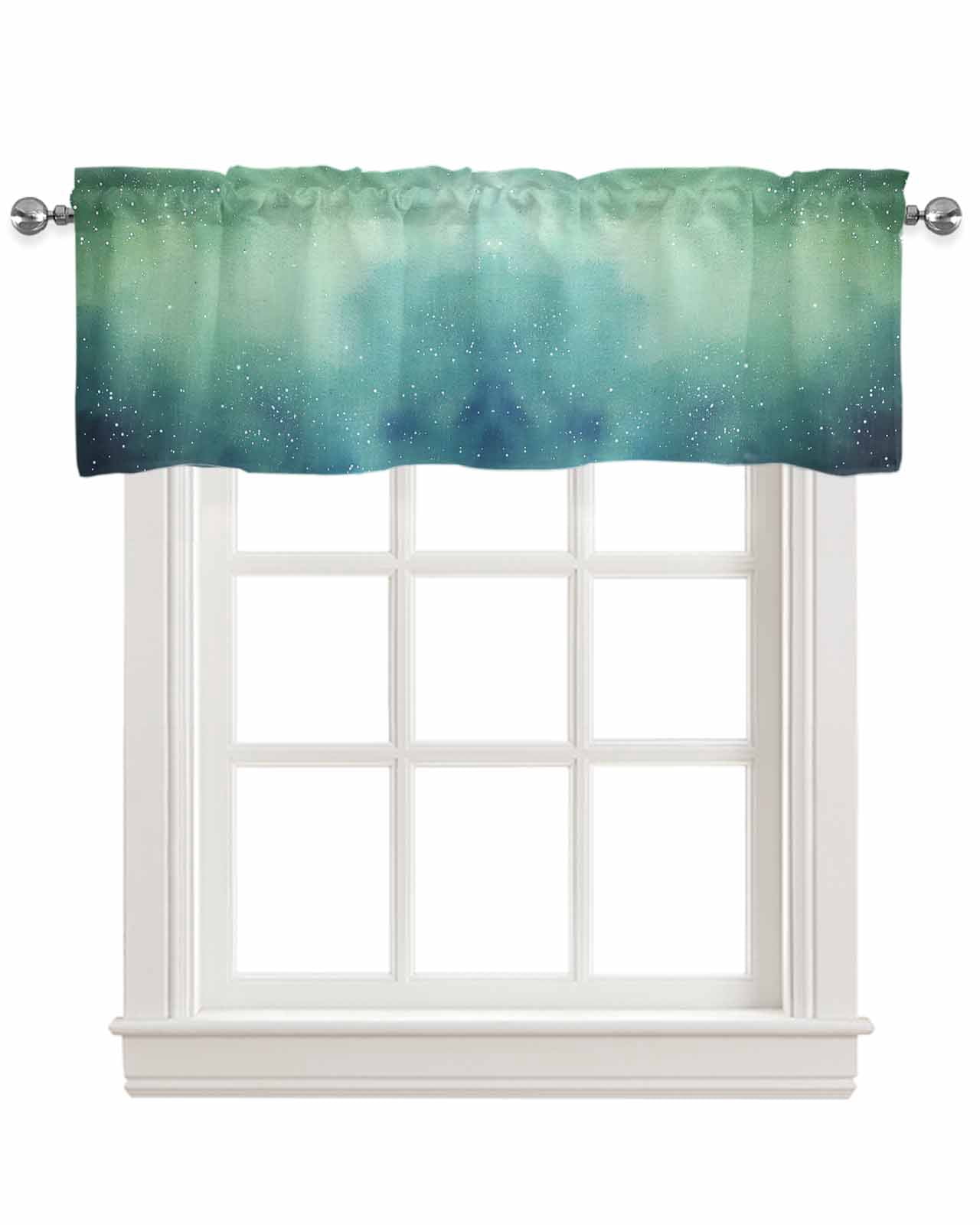 Teal Green Starry Night Kitchen Valances for Windows Farmhouse Linen Window Valance Curtain for Living Room Window Treatment Modern Vintage Scenery Valance Rod Pocket Topper Drape, 42 x 18 Inch