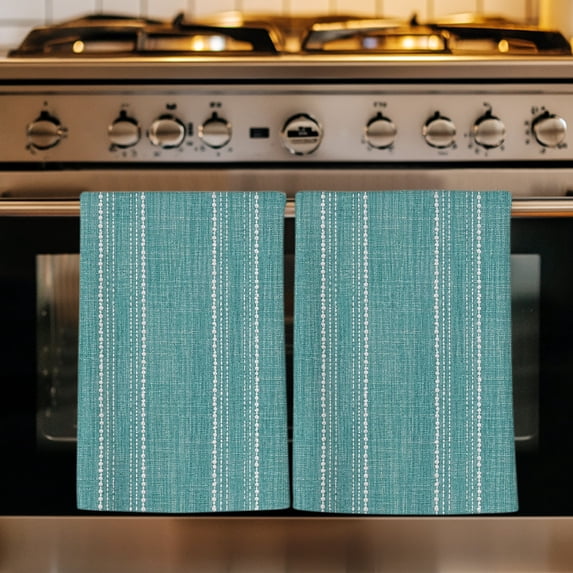 Teal Green Stripe Kitchen Towels Set of 3, Farmhouse Vintage Minimalist Geometric Absorbent Dish Towels for Kitchen, Microfiber Hand Towel, Quick Drying Tea Towel for Cleaning Decorative Dishcloths