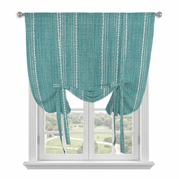 Teal Green Stripe Tie Up Curtains for Windows, Adjustable Balloon Window Shades, Farmhouse Vintage Minimalist Geometric Kitchen Window Treatments Farmhouse Short Curtains with Rod Pocket 42"x45"