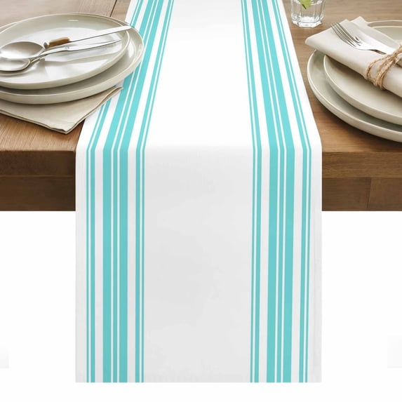 Teal Green Striped Table Runner Farmhouse Simple Line Vertical Stripes Tablerunners 13 x 70 Inch, Table Decorations Tabletop Scarf for Summer Gathering Holiday Farmhouse Kitchen Dining Decor