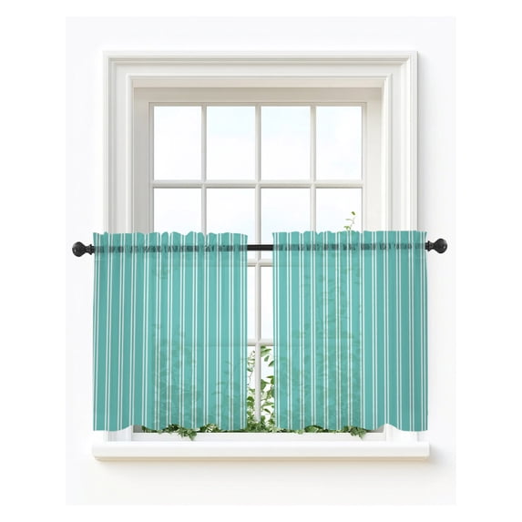 Teal Green Striped Tier Curtains 24 Inch Length,Sheer Curtains for Bedroom Living Room Farmhouse Modern Striped Minimalist Short Kitchen Curtains Drapes for Small Half Window 27.5"x24" 2 Panels