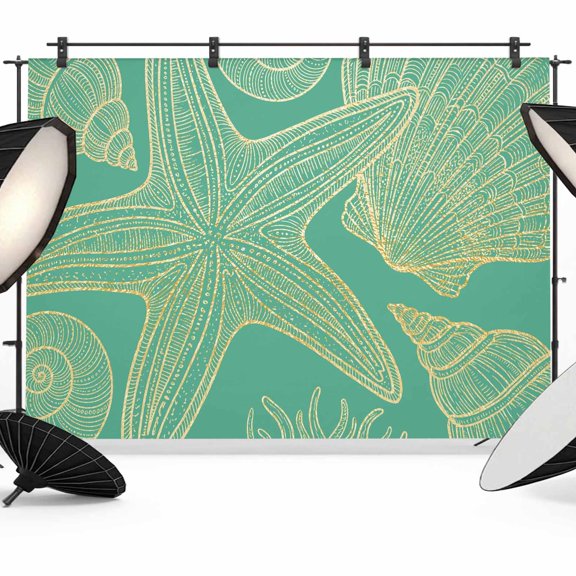 Teal Green Summer Backdrop for Photography, Ocean Seashell Starfish Nautical Boho Photo Backdrop Portrait Background Party Banner Photo Backgrounds for Studio Booth Props, 12x8ft