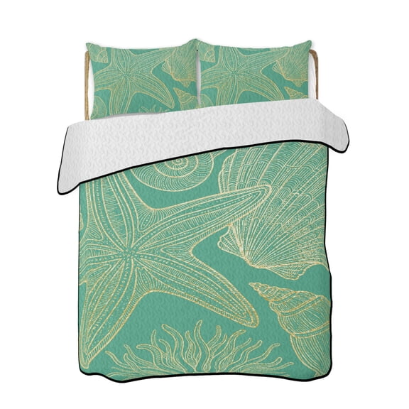 Teal Green Summer Quilts Bedding Set California King Ocean Seashell Starfish Nautical Boho Lightweight Quilted Bedspread 3 Piece Bed Quilt with 2 Pillow Shams All Season for Bedroom 96" x 106"