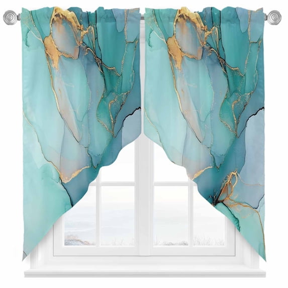 Teal Green Swag Curtain Valance for Windows, Gold Marble Abstract Cracks Crystal Modern Art Window Treatments Short Swag Topper for Kitchen Windows Bathroom Bedroom, 36"x45"