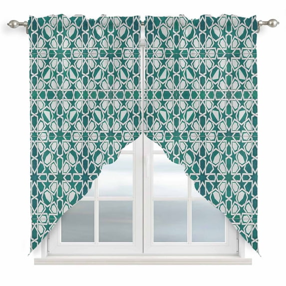 Teal Green Swag Valances for Windows, Kitchen Curtains 36 Inch Length 2 Panels Set, Vintage Abstract Geometric Texture Short Curtains for Small Windows Rod Pocket Cafe Curtains Drapes 28"x36"