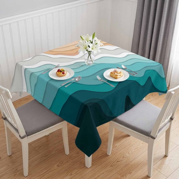 Teal Green Table Cloth Waterproof Tablecloths, Geometric Brown White Beach Waves Gradient Tablecloth Dining Table Cover for Kitchen Party Tabletop Outdoor, Square Tablecloth 54x54 Inch