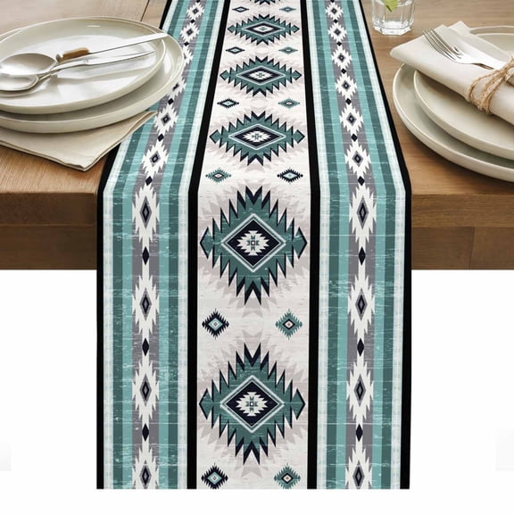 Teal Green Table Runner 13 x 36 Inch, Southwestern Native Aztec Ethnic Style Geometric Washable Cotton Linen Dining Table Runner Tabletop Decorations for Restaurant Home Kitchen Party