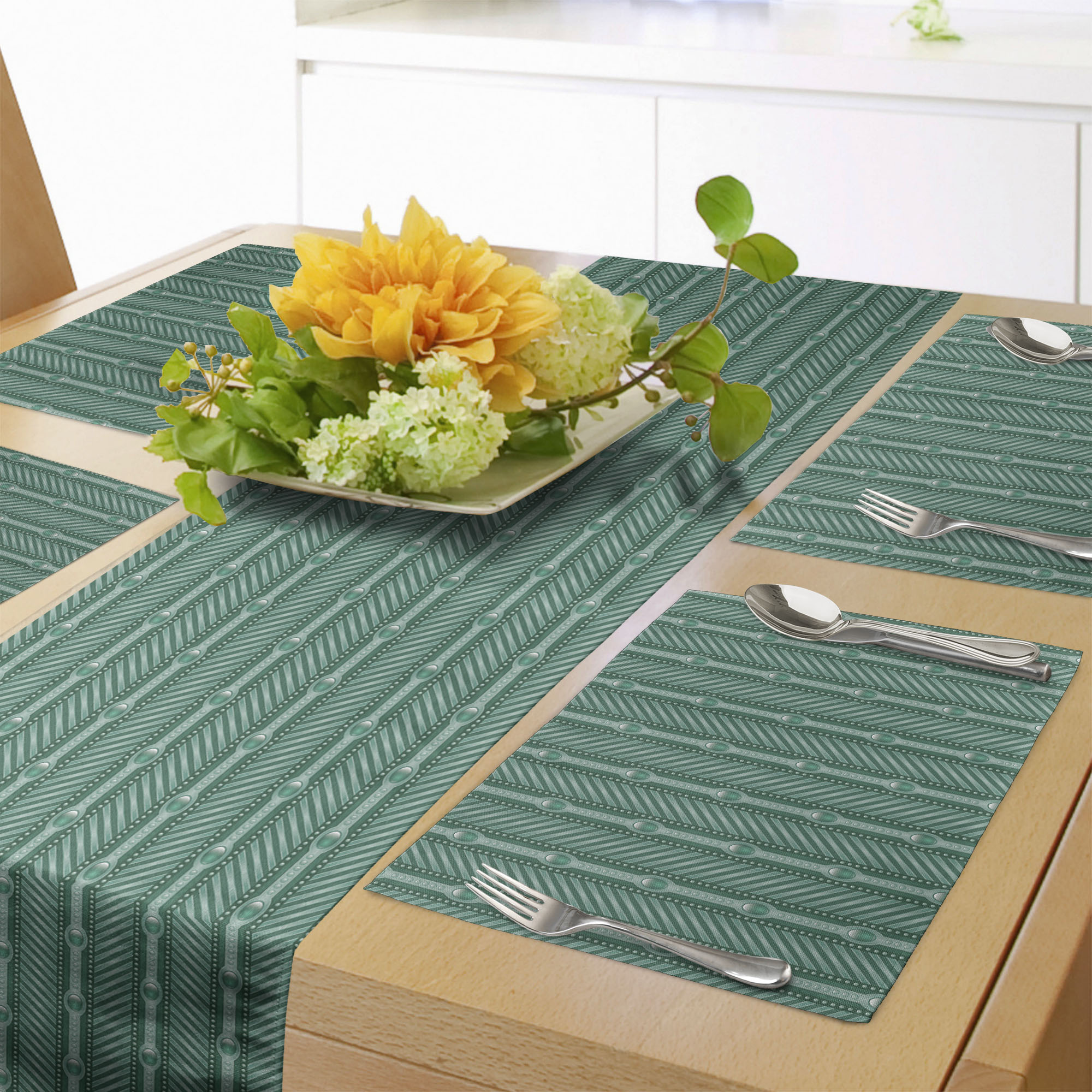 Teal Green Table Runner & Placemats, Gemstone Inspired Forms as Vertical Design with Diagonal