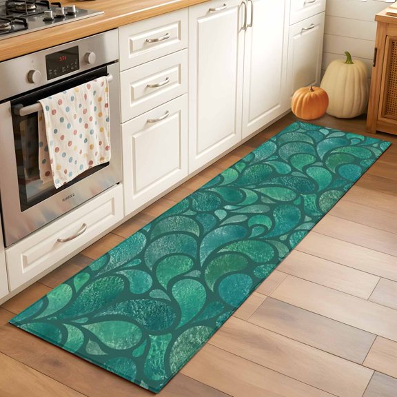 Teal Green Teardrop Print Rectangle Area Rug 2x6ft,Living Room Rug Non-Slip Washable Circle Rugs Pad,Abstract Curved Leaf Texture Soft Floor Carpet for Bedroom Dining Room