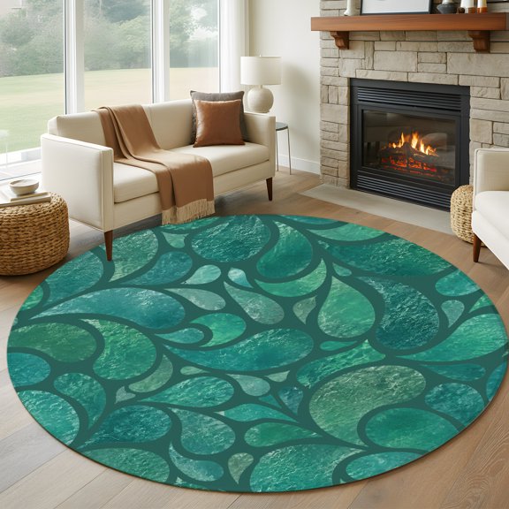 Teal Green Teardrop Print Round Rug 5ft Abstract Curved Leaf Texture Washable Area Rugs for Living Room Bedroom Entryway Non Slip Entrance Door Mat Indoor Floor Carpet