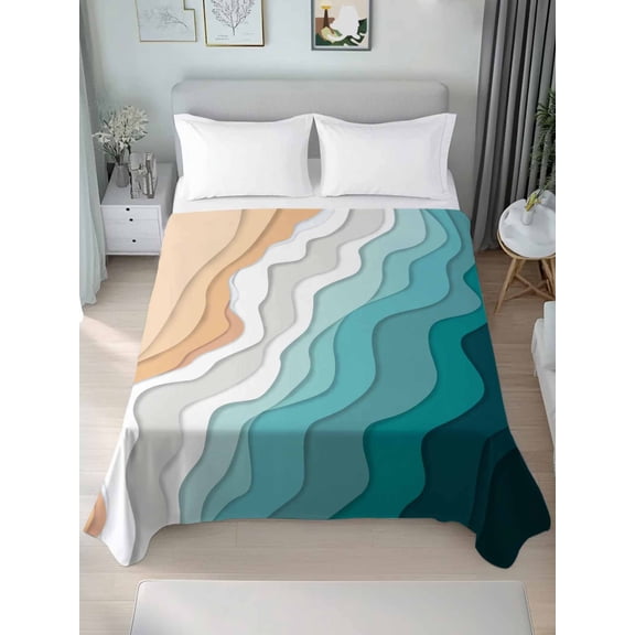 Teal Green Twim Size Flat Sheet, Wrinkleproof & Fadeproof Cooling Flat Bed Sheet Only, Geometric Brown White Beach Waves Gradient Breathable Soft Bedding Top Sheets 66 x 96 Inches
