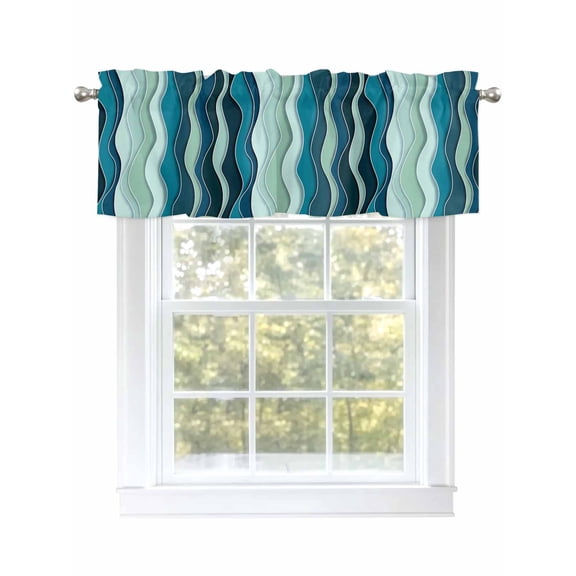 Teal Green Valances for Windows, Rod Pocket Kitchen Valance Curtains - Soft & Washable Small Window Treatment for Living Room, Bathroom, Abstract Waves Texture, 54x18inch
