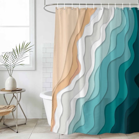 Teal Green Waterproof Fabric Shower Curtain,Geometric Brown White Beach Waves Gradient Waterproof Fabric Shower Curtain for Bathroom Curtains Bathtubs Shower Curtains with 12 Hooks Small 36x72in